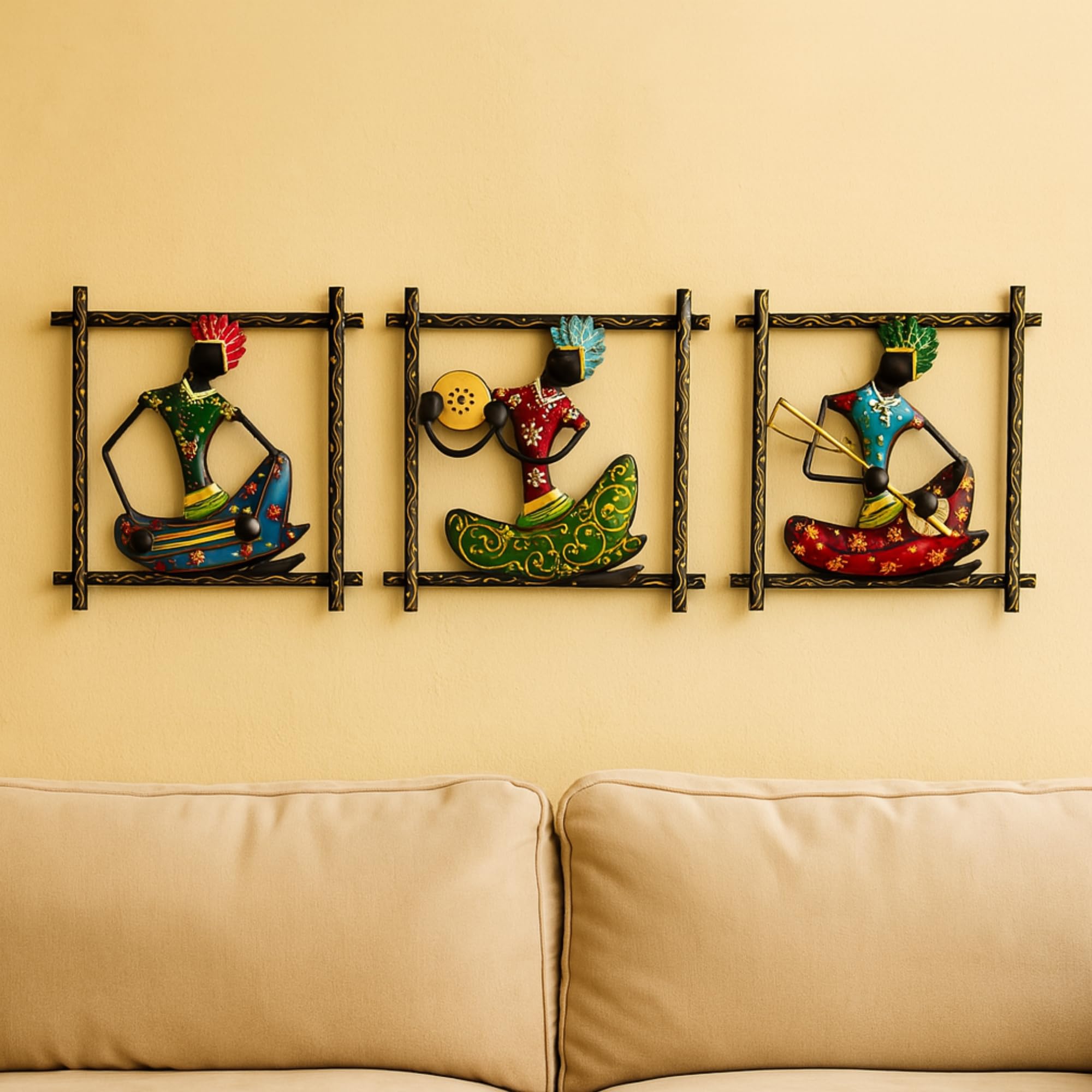 Rsn 3 Musicians Doll Metal Wall Art Frame, Wall Sculpture, Wall Hanging For Living Room, Bedroom, Dining Room, Office Home Decor